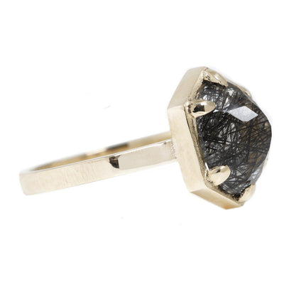 14k Yellow Gold Hexagon Ring with Oval Tourmalated Quartz - Paxton Gate