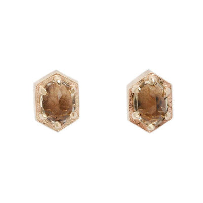 14k Yellow Gold Small Hexagon Studs with Oval Champagne Quartz - Paxton Gate