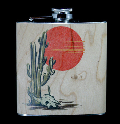 Desert Cow Skull Wood Flask-Drinkware-Spitfire Girl-PaxtonGate