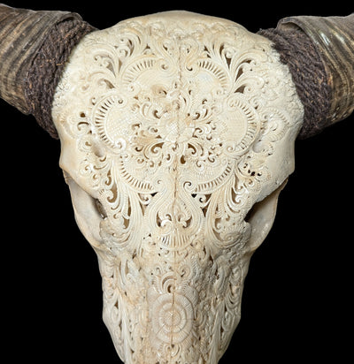 Carved Filigree Flower Water Buffalo Skull-Skulls-Ukir Bali Carvings-PaxtonGate